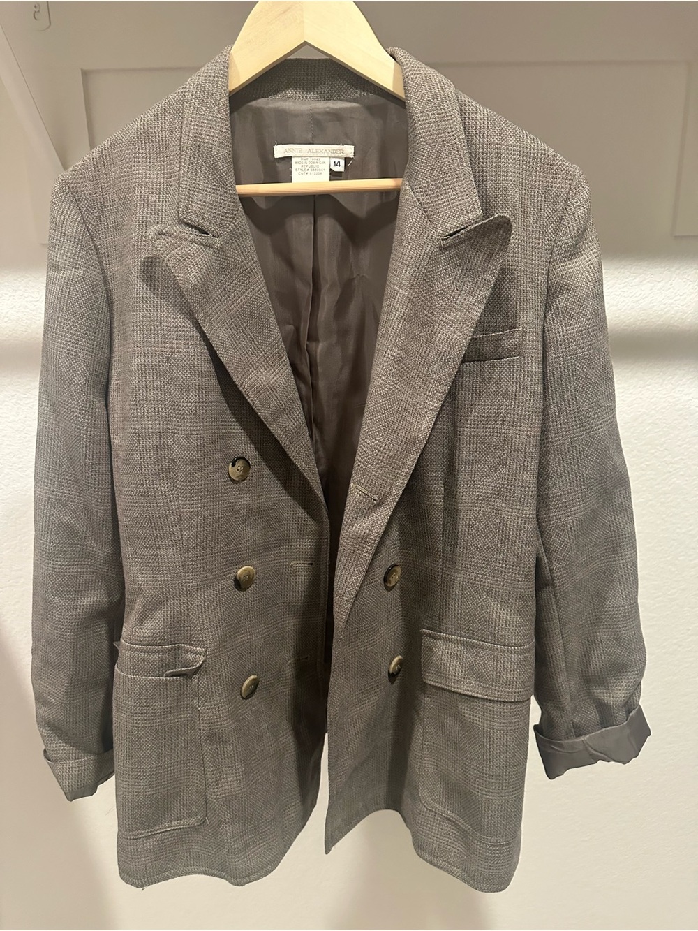 Double-Breasted Plaid Blazer in Gray by Anne Klein